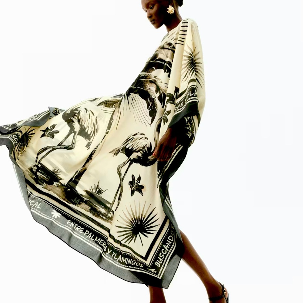 Elegant Black and Cream Bird Print Shawl